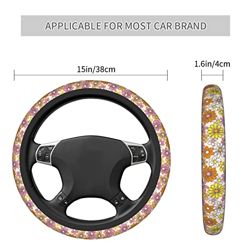 Smoaffly Steering Wheel Cover Retro Cute Orange Daisies, Sunflowers，Universal 15 Inch Suitable For Women, Non-Slip Soft Elastic Fabric Protector Car Accessories #TOP2