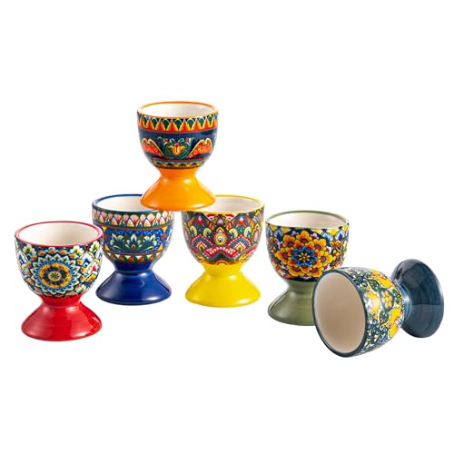 Henten Home Ceramic Egg Cup Set, Colorful Egg Cup Set of 6, Boho Style Egg Holder for Soft Boiled...