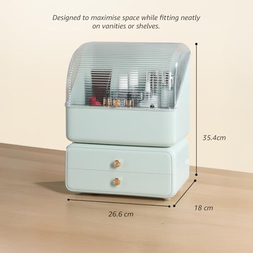 Image of Amazon Basics Glossy ABS+PET Cosmetic Storage Organizer | 26.6 x 18 x 35.4 cm | 2 Compartments | Waterproof & Dustproof Lid | Light Green