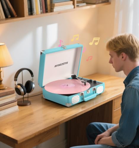 Image of Bluetooth Suitcase Record Player, 3-Speed Portable Turntable,Blue | Retro suitcase design with Bluetooth, 3-speed vinyl playback, stereo speakers, AUX-in, RCA output and headphone jack.