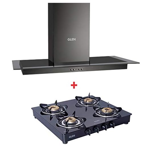 Glen Black Kitchen Chimney 6062 60cm 1000 m3/h Baffle Filter & Glen 4 Burner Gas Stove 1043 GT Brass Burner Black Cooktop