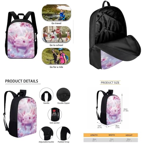 Cherry Blossom Axolotl backpack for Girls Kids Backpack with Lunch Box Water Bottle Holder and Pen Holder 4PCS Bookbag Set for Teen Girls 17" Aesthetic Elementary School Bag with Side Pocket4