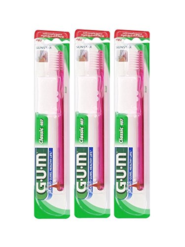 Sunstar GUM 407 Classic Toothbrush with Gum Stimulator, Small Head, Soft Bristles - Pack of 3