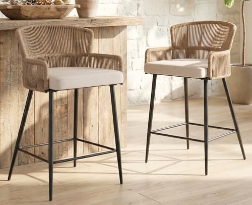 Image of HNY Farmhouse Woven Bar Stools Set of 2, 26 Inch Linen Upholstered Rattan Barstools with Curved Backs, Modern Cane Counter Height Bar Chairs with Metal Legs and Armrest for Kitchen Island, Beige