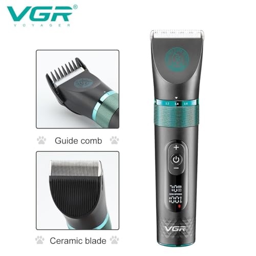 Image of VGR V-209 Professional Pet Clipper, Digital Display, 200min Runtime & 2000mAh Lithium Battery, Fully Waterproof (IPX7), Ceramic Blade,4 Cutting Combs,5000-7000RPM Zoom wheel, 2 Year Warranty, Black