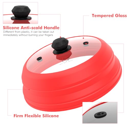 Image of Microwave Splatter Cover Vented Glass Splatter Guard Lid with Collapsible Silicone for Food as Pot Cover Plate 10.8 inch for 6 7 8 9 10 inch Plate Bowl Red