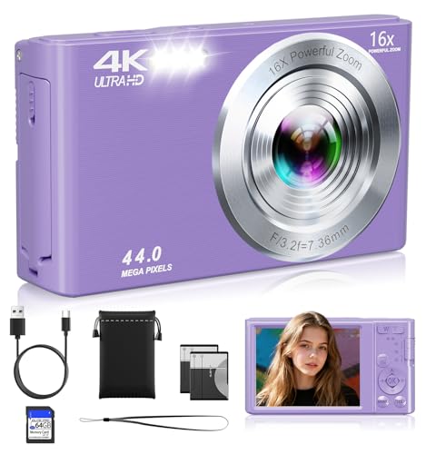 Digital Camera, FHD 4K 44MP Compact Point and Shoot Cameras with 64GB SD Card 2 Batteries, 16X Autofocus Digital Zoom Small Camera for Teens Kids Boys Girls