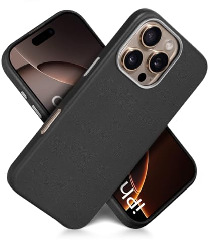 Image of WOW IMAGINE Back Cover for iPhone 16 Pro | Shockproof Tough Leather Texture Hard Mobile Case | Ultra Slim Non-Slip Grip | Inner Velvet Fabric | Metal Camera Ring - Black