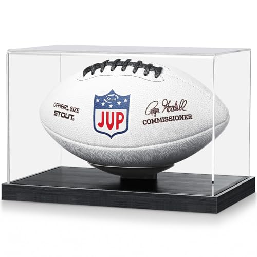 JupDec Football Display Case Full Size Upgraded Clear Acrylic Box with Curved Cradle Holder & Solid Wood Base Fits All Football Sizes UV Protected Memorabilia Display for Collectors Black