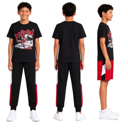 Image of Pro Athlete Boys Pants Set - 3 Piece Active Short Sleeve Graphic Tees Athletic Shorts and Jogger Sweatpants for Boys