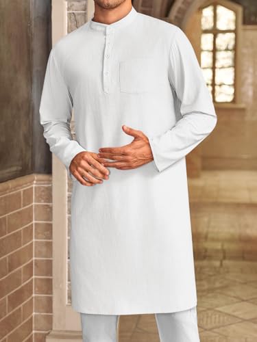 Gafeng Mens Kaftan Robe Button Down Long Sleeve Henley Cotton Thobe Casual Side Split Gown Shirt2