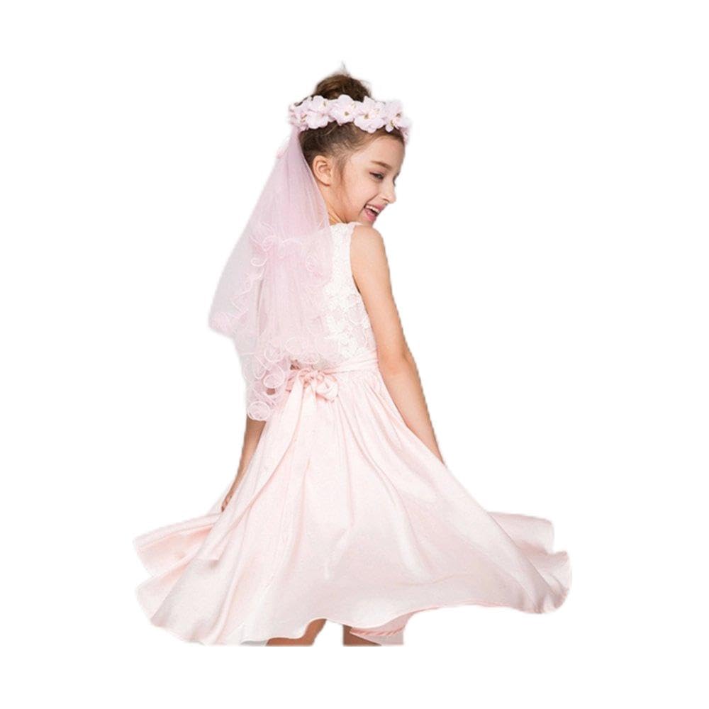 Wedding Baptism Communion Bridal/Flower Girls Short Head Veil White/Pink Floral Headband Kids JunMing INC (Pink)