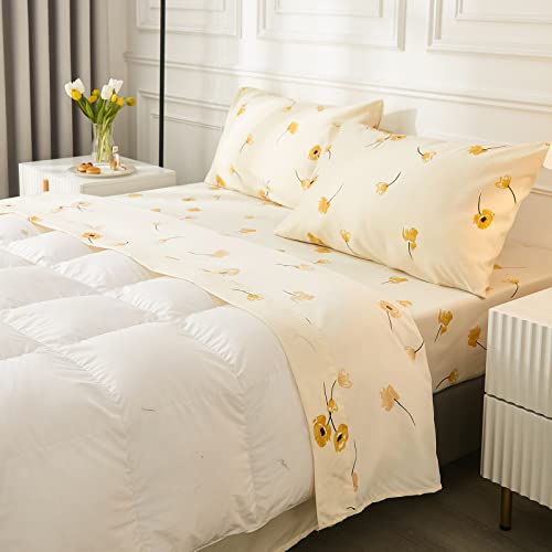 Merryword Full Sheet Set Yellow Floral Sheets Ultra Soft Lucky Clover Yellow Flower Design Bed Sheets Deep Pocket Fitted Sheet& Flat Sheet& Pillowcases 100% Microfiber 4 Pieces (Full, Yellow)