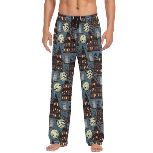 ZZKKO Pajamas Pants for Men Halloween Houses Tombstone Men's Pajama Bottoms 100% Cotton PJ Pants for Mens S-XXL