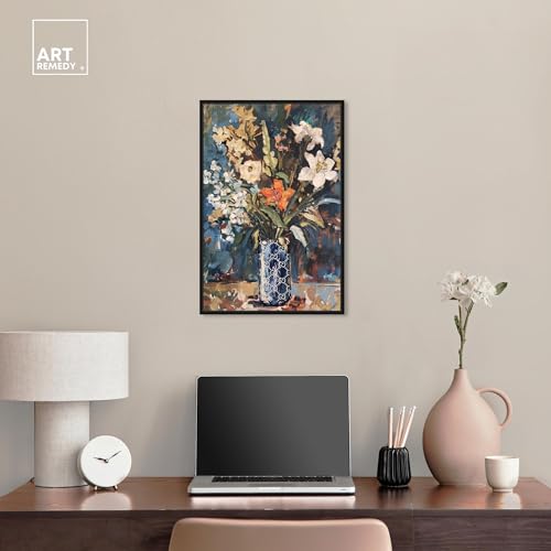 Image of Art Remedy Blue Floral Vase Canvas Floral Vase Wall Art, Black Frame, 16 inch x 24 inch