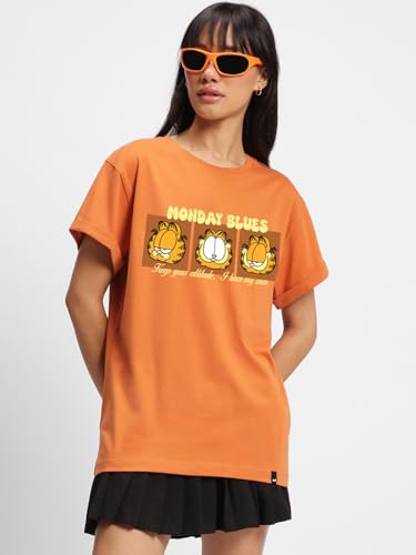 Image of Bewakoof X Official Garfield Merchandise Women's Selective Participation Graphic Printed 100% Cotton T-Shirt - Boyfriend Fit, Round Neck, Half Sleeves, Loose Fit