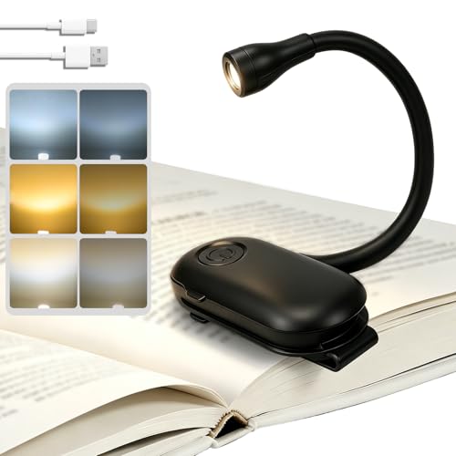 Book Light LED 3 Colors & 3 Brightness Rechargeable Lightweight Clip on Modern Design ABS Material USB-C 80hr Runtime black Ideal for Book Lovers