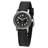 DEUTLICHES ZIFFERBLATT mit großen Zahlen auf schwarzem Hintergrund; auch als Lernuhr geeignet, Gehäuseboden und Krone aus Edelstahl