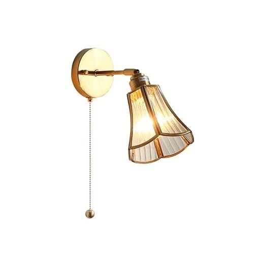 JYBNBBE Nordic Retro Glass Wall Sconce with Brass Pull-Cord, 3-Color Dimmable E27 Lamp for Living Room, Bedroom, Hallways, Study Rooms,One Color-13in