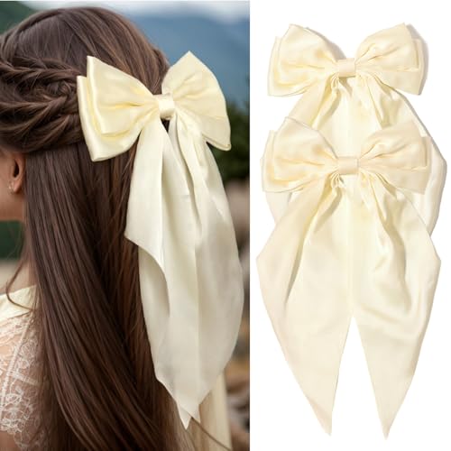 Furling Pompoms Hair Bows for Women - Pack of 2 Beige Hair Bow Clips for Girls Satin Big Bows Long Tail Alligator Clip Ribbon Hair Barrette Hair Accessories for Bridal Bachelorette Party