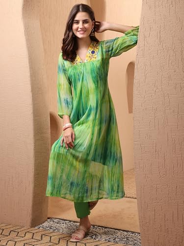 Image of EthnicJunction Women Georgette Relaxed Fit Tie & Dye & Embroidered A-Line Flared Kurta,Summer Kurta,Kurta For Office,Long Kurti