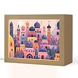 OnlyWow© Tischleuchte 20x15 cm Nachtischlampe LED Table Lamp Helles Licht Wohnzimmer Schlafzimmerlampe Nachttisch Design Bunte Stadt - Sonne - Islamisch