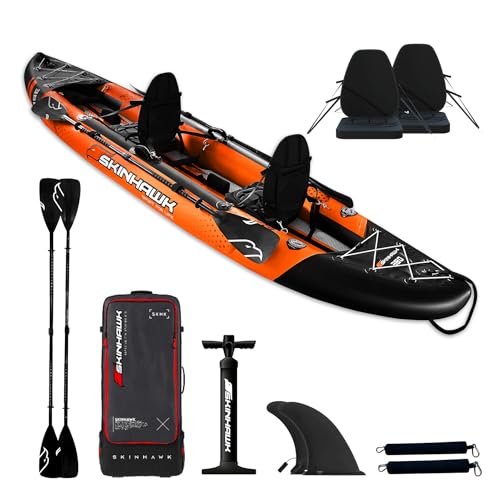 SKINHAWK Exclusiv Orange Kayak Set 380 – Barco inflable – Canoa – 380 x 96 cm – Kayak para 2 personas