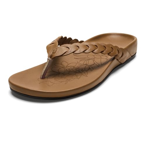 OLUKAI Lei Women's Beach Sandals, Versatile Leather Flip Flops, Soft Straps & Unique Design, All-Day Comfort & Support, Tan/Tan, 11