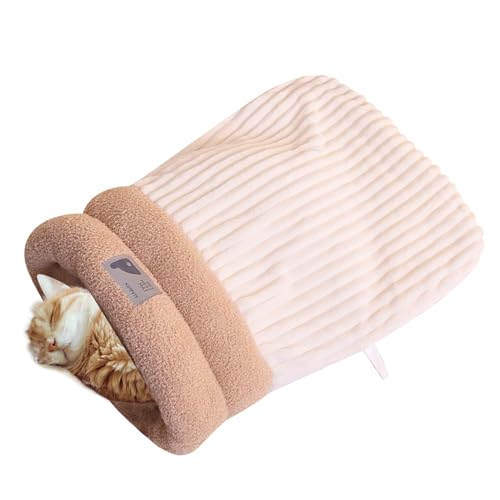 猫用スリーピングバッグ - プラッシュキャットサック | 半閉鎖型のふわふわペット用隠れ家 寝袋 抱き枕 くつろぎスペース 室内 車中 秋冬 クリスマス向け,持ち運び可能 クッション ペットぬくぬくハウス