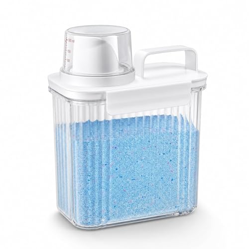 Laundry Detergent Container 1800 ml with Measuring Cup Lid, Airtight Clear Washing Powder Storage Container, Easy Pour Handle Design for Liquid Detergent, Utility Room, Bathroom & Kitchen