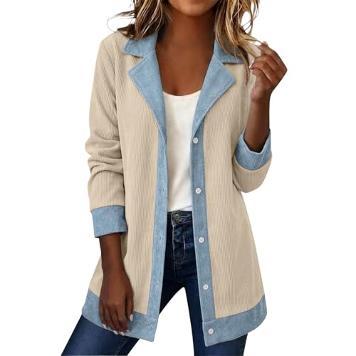 Generisch Generic+2026 - Abrigo largo de punto con inserciones de mezclilla, cuello de solapa de color, beige, 5XL