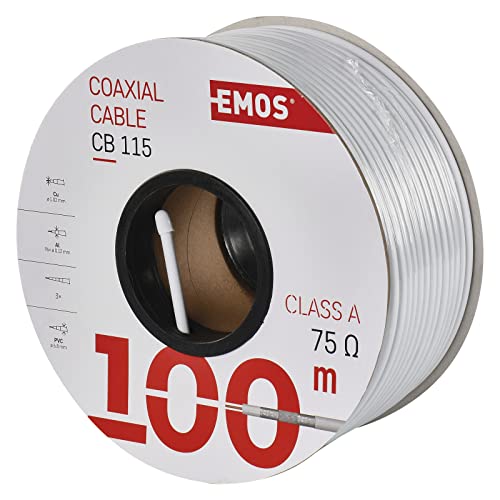 EMOS Antennenkabel 100m weiß, Koaxialkabel CLASS A für SAT, TV und CCTV, Typ CB115, dreifach geschirmtes Fernsehkabel, Satellitenkabel mit Schirmungsmaß 100dB, Widerstand 75 Ohm