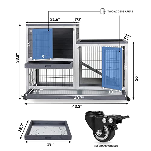 Bestdoor 43.3'' Rabbit Hutch, Wood Indoor Rabbit Cage On Brake Wheel, Outdoor Large Rolling Bunny Hutch W/Run, Small Animal Guinea Pig Hamster Hedgehog House W/2 Deeper No Leak Tray (Grey White) #TOP1