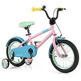 BABY JOY Kids Bike, 14 Inch Sport Style Children's Bicycle with Vivid Color, Training Wheels, Adjustable Handlebar & Saddle, Handbrake & Coaster Brake, Boys Girls Bike for 3-5 Years Old (Pink & Blue)