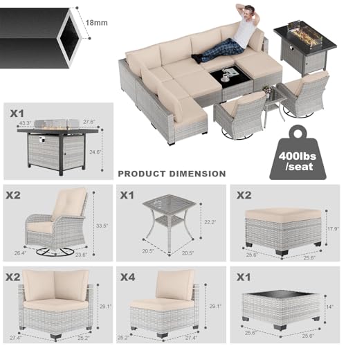 Image of Outdoor PE Wicker Rattan Modular Patio Sectional Sofa Set | 13-Piece: 6 Modular Seats, Coffee Table, 2 Swivel Rocking Chairs, Side Table, 2 Ottomans & 55,000 BTU Fire Pit Table, Khaki