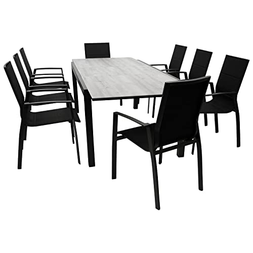 DEGAMO Gartengarnitur Sitzgruppe FARO 9-teilig, 8X Stapelsessel aus Aluminium anthrazit und gepolstertem Textilgewebe in schwarz sowie 1x Ausziehtisch Aluminium + Glas 180/240x100cm, anthrazit
