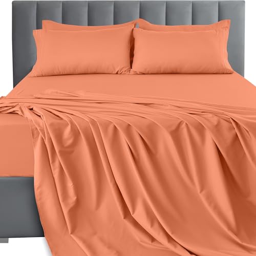 LUX Décor Cal King Sheet Set - 4 Piece Ultra-Soft Microfiber Bed Sheets with Flat Sheet, 16 Inches Deep Pocket Fitted Sheet & Pillowcases, Cooling & Breathable, Hotel Luxury, Oeko-TEX - Coral