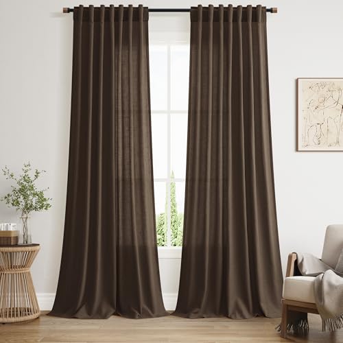 Image of Nanspring Chocolate Linen Blend Light Filtering Back Tab Curtains 108 Inches Long, Semi Sheer Privacy Drapes for Living Room & Bedroom, 52x108 inch, 2 Panels