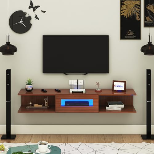 Image of Anikaa Vetra Wall Mount Modern Floating TV Unit for Living Room with Open Shelf Storage Cabinet & Middle Cabinet Blue LED Light (Ideal for 32 to 65 inch TV, DIY Installation, Walnut Finish)