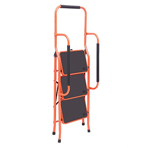 LUISLADDERS 3 Step Ladder Tool Ladder Folding Portable Steel Frame Ladders Safety Padded Handrails with Large Area Pedals for Kitchen Home and Office (330lbs)