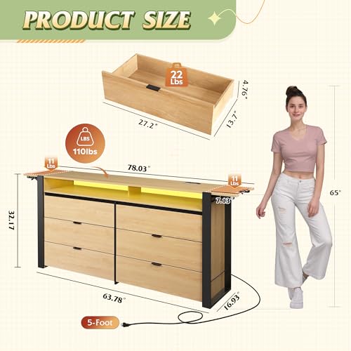 WLIVE 78 Inch Dresser for Bedroom, Long Chest of Drawers Expandable Wood Dresser from 5'3" to 6'5'' with Flexible Shelves and Hanging Rack, Led Dressers for Living Room (85'' TV)