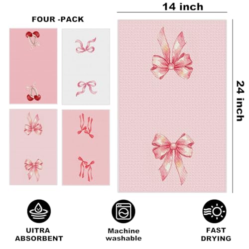 Image of 4 Pcs Pink Bow Hand Towels 24x14 Inch, Bows Decor Reusable Tea Towels