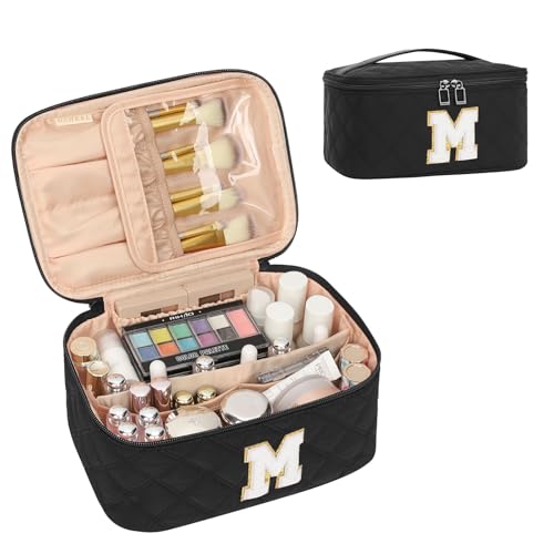OCHEAL Makeup Bag for Women, Monogram Cosmetic Bag Black Travel Makeup Case Beauty Toiletry Bag Organizer Personalized Gifts for Girls Bridesmaid, Sister, Wife, Friends Initial M