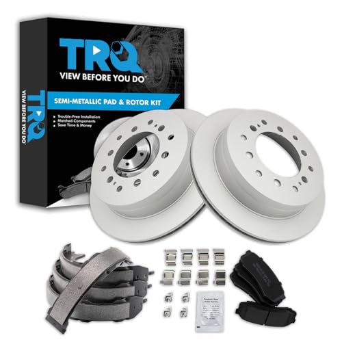 Image of TRQ Rear Brake Pad and Rotor Set Semi Metallic G Coated Rotors Parking Shoe Compatible with 2003-2009 Lexus GX470 Toyota 4Runner 2007-2009 FJ Cruiser 2001-2007 Sequoia