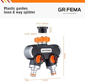 GRIFEMA GE1401-2 Garden Hose Splitter 2 Way, Double Hose Connector, Y Valve Water Tap Splitter, 3/4"and 1/2" Tap Distributor for Outdoor Tap and Garden Hoses, Orange / Black