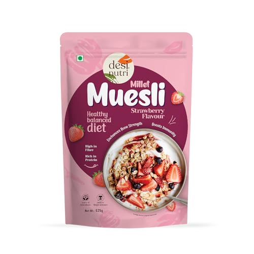 Image of Desi Nutri Millet Muesli Strawberry Flavour 625grams | Healthy Balanced diet | Multigrain Breakfast Cereal | Real Fruits|Breakfast Cereal|Protein Rich|Strawberry Muesli (Strawberry)