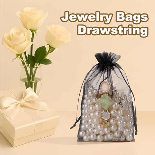 Image of Crweety 50 Pcs Black Organza Bags 4x6 Inch, Small Mesh Gift Bags Drawstring for Jewelry Bracelet Packaging, Premium Sheer Gift Pouch for Wedding Party Favor, Candy Goodie Bag & Graduation Gifts