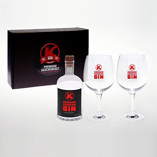 Konsum Premium Gin Geschenkbox 500 ml, Waldbeere, inkl. 2 Longdrinkgläser