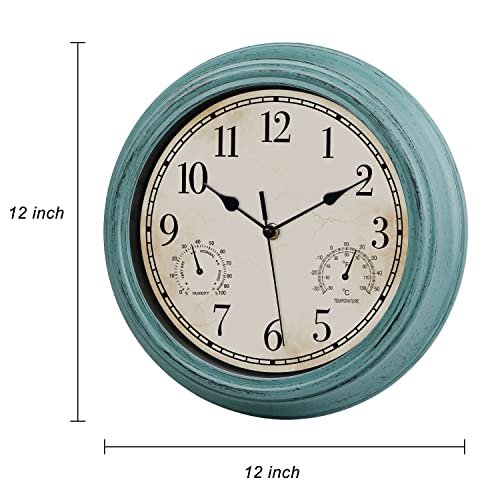 Lotcain 12 Inch Indoor Outdoor Retro Waterproof Wall Clock With Thermometer And Hygrometer, Battery Operated Quartz Round Wall Clock Silent Non Ticking Home Decor,Green #TOP4
