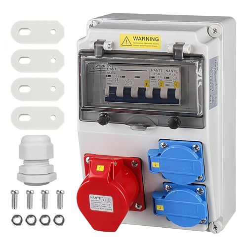 LEKEFETO Distributore da parete con interruttore magnetotermico: distributore di corrente da cantiere a 5 poli con 2 prese Schuko e presa CEE 16A, distributore di corrente con interruttore